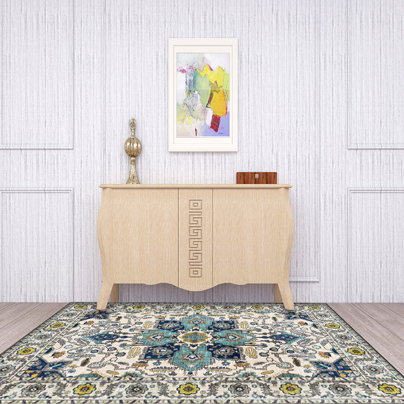 Sikunuo | unique medallion pattern rug with floral blue and red Persian rug polyester machine washable non-slip rug for the bedroom