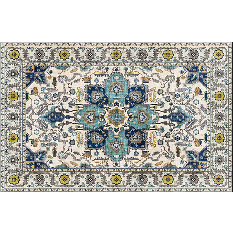 Sikunuo | unique medallion pattern rug with floral blue and red Persian rug polyester machine washable non-slip rug for the bedroom