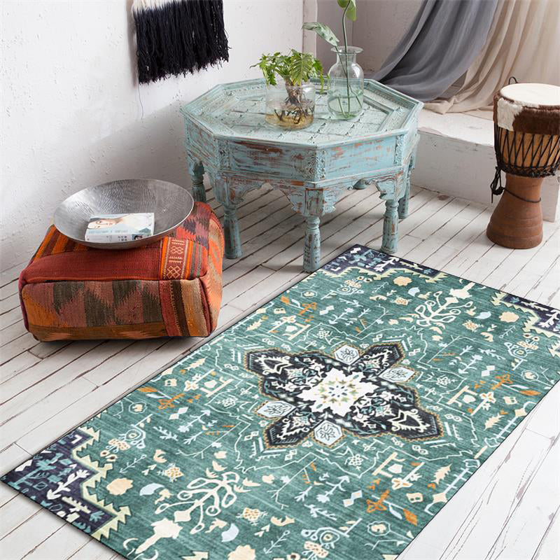 Sikunuo | Green Persian Carpet Polyester Medallion Print Carpet Washable Non-Slip Underlay Carpet for Living Room
