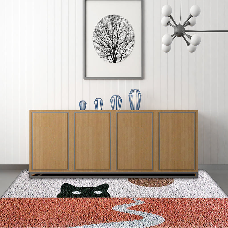 Sikunuo | Red Children's Carpet Vinyl Cat Print Carpet Washable Non-Slip Back Carpet for the Children's Room