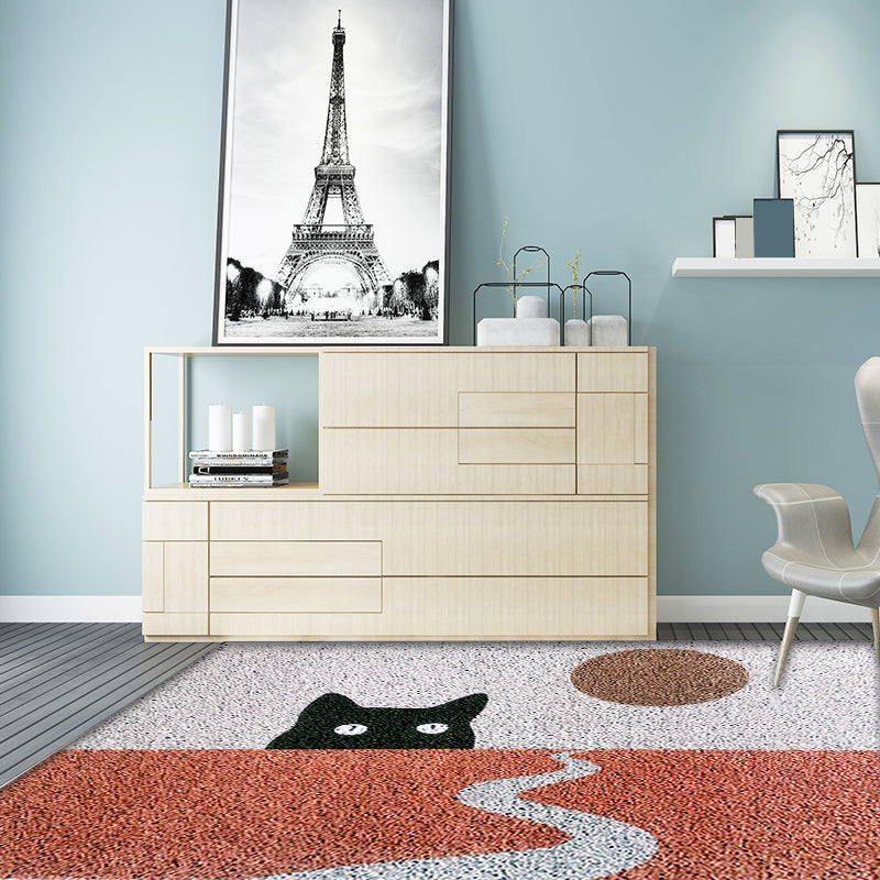 Sikunuo | Red Children's Carpet Vinyl Cat Print Carpet Washable Non-Slip Back Carpet for the Children's Room