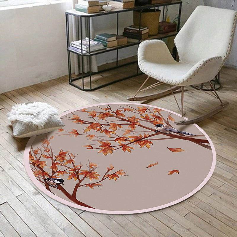 Sikunuo | Red Oriental Carpet Polyester Leaf and Bird Pattern Carpet Washable Non-Slip Back Carpet for the Living Room
