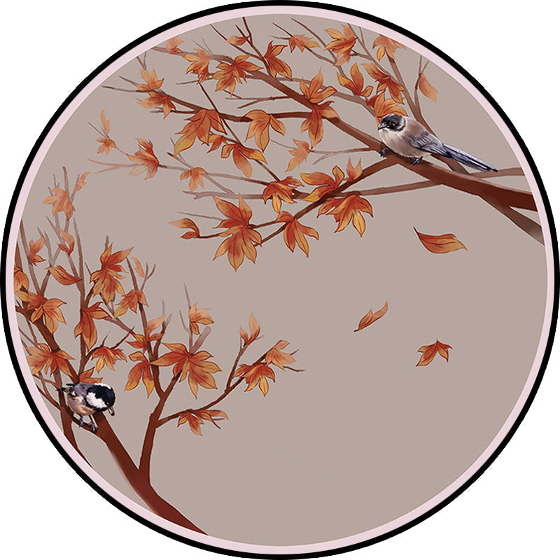 Sikunuo | Red Oriental Carpet Polyester Leaf and Bird Pattern Carpet Washable Non-Slip Back Carpet for the Living Room