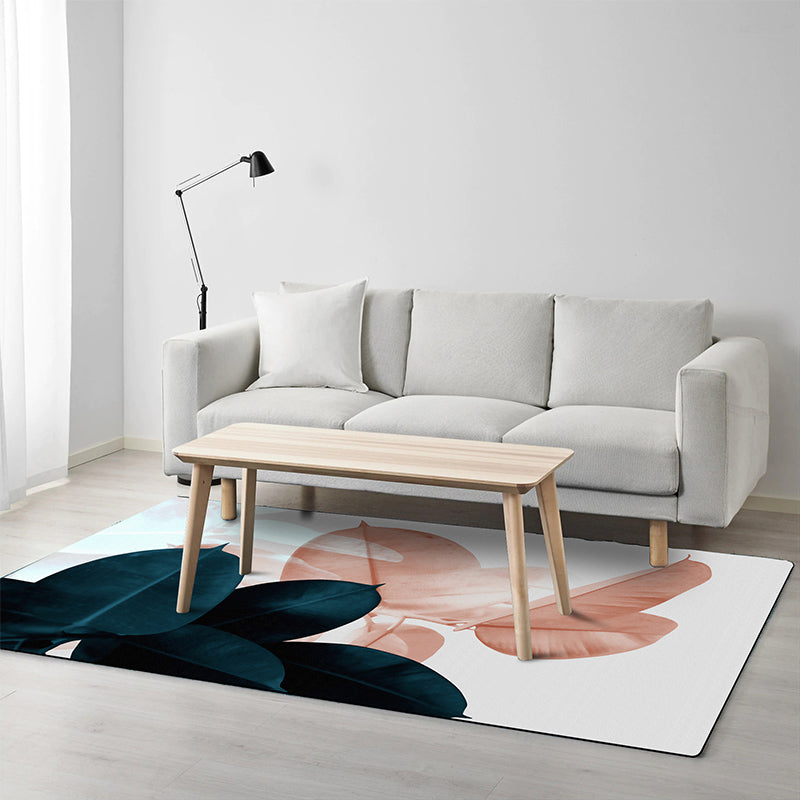 Sikunuo | Simple Leaf Pattern Carpet Dark Blue Oriental Carpet Polyester Washable Non-Slip Backing Carpet for the Living Room