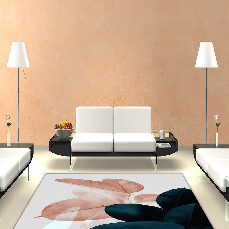 Sikunuo | Simple Leaf Pattern Carpet Dark Blue Oriental Carpet Polyester Washable Non-Slip Backing Carpet for the Living Room