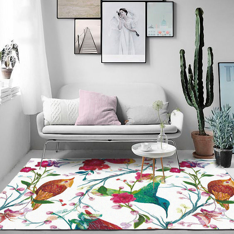 Sikunuo | Retro Bird Pattern Carpet with Flower and Leaf White Oriental Carpet Polyester Washable Non-Slip Back Floor Rug for Bedroom