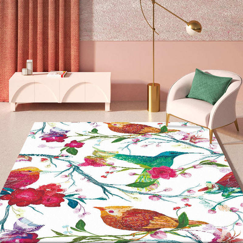 Sikunuo | Retro Bird Pattern Carpet with Flower and Leaf White Oriental Carpet Polyester Washable Non-Slip Back Floor Rug for Bedroom