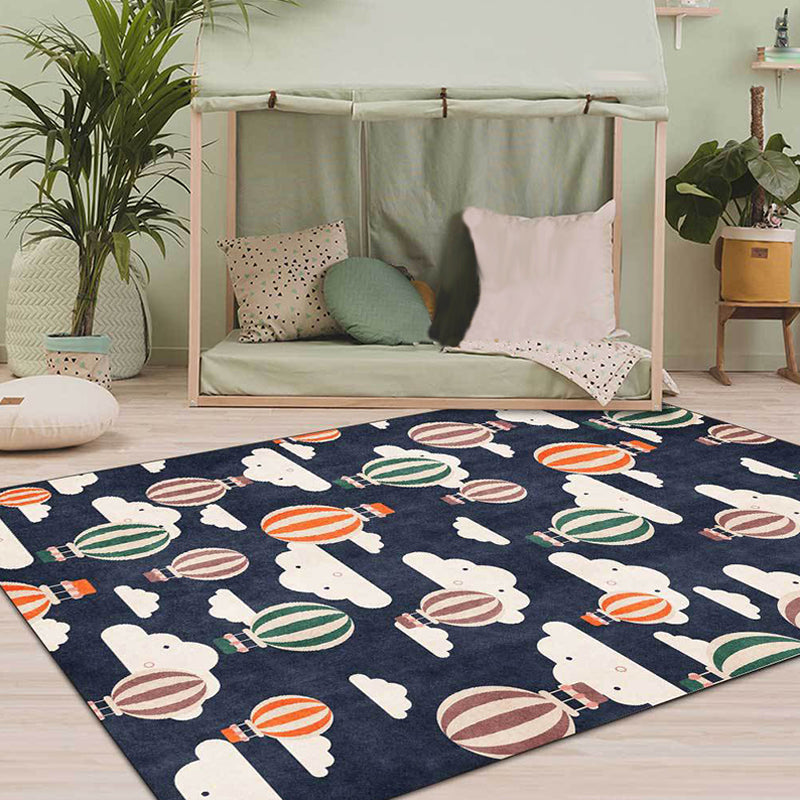 Sikunuo | Blue Children's Room Rug Children's Fairy Tale Hot Air Balloon Cloud Pattern Rug Polyester Machine Washable Rug