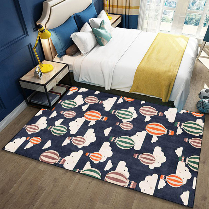 Sikunuo | Blue Children's Room Rug Children's Fairy Tale Hot Air Balloon Cloud Pattern Rug Polyester Machine Washable Rug