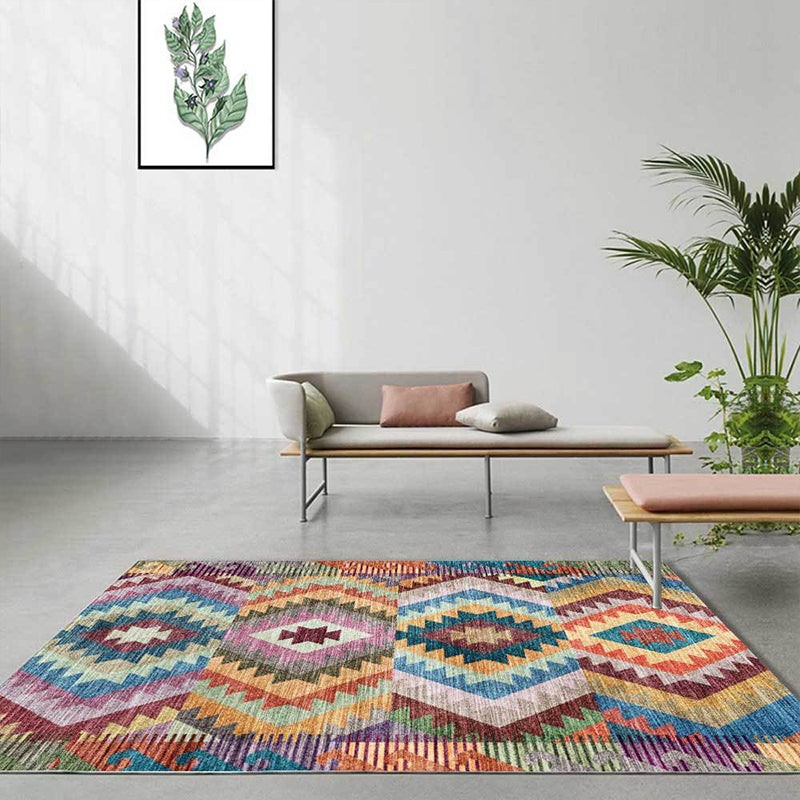 Sikunuo | Yellow Multicolored Tribal Carpet Polyester Geometric Pattern Rug Washable Non-Slip Rug for Living Room