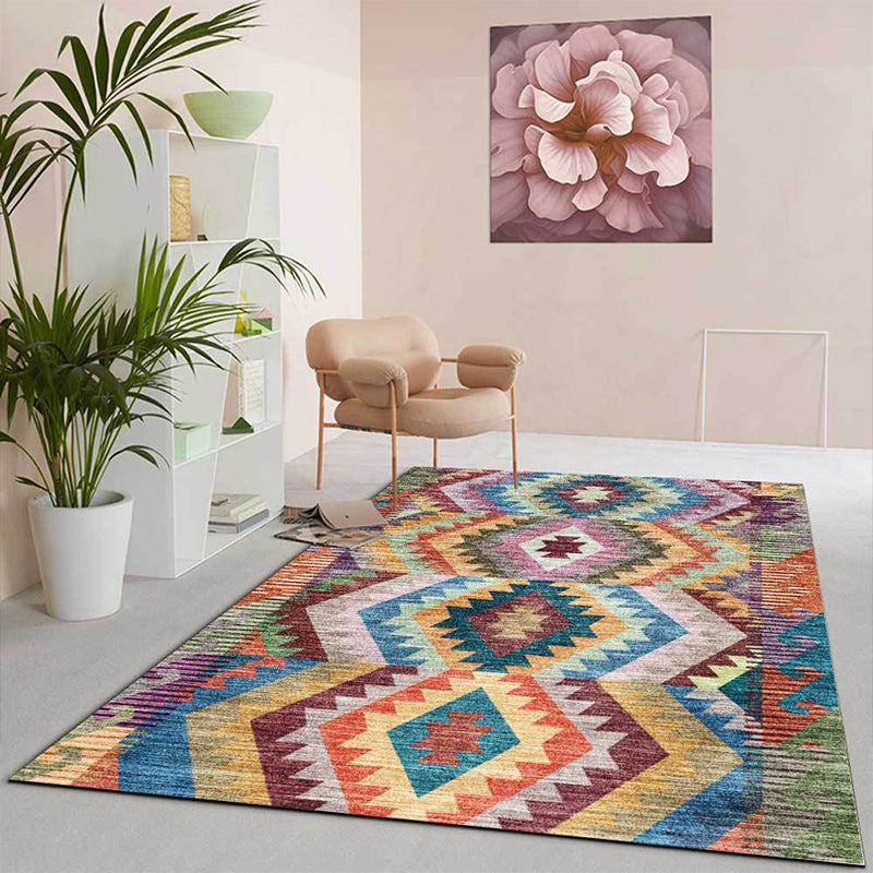 Sikunuo | Yellow Multicolored Tribal Carpet Polyester Geometric Pattern Rug Washable Non-Slip Rug for Living Room