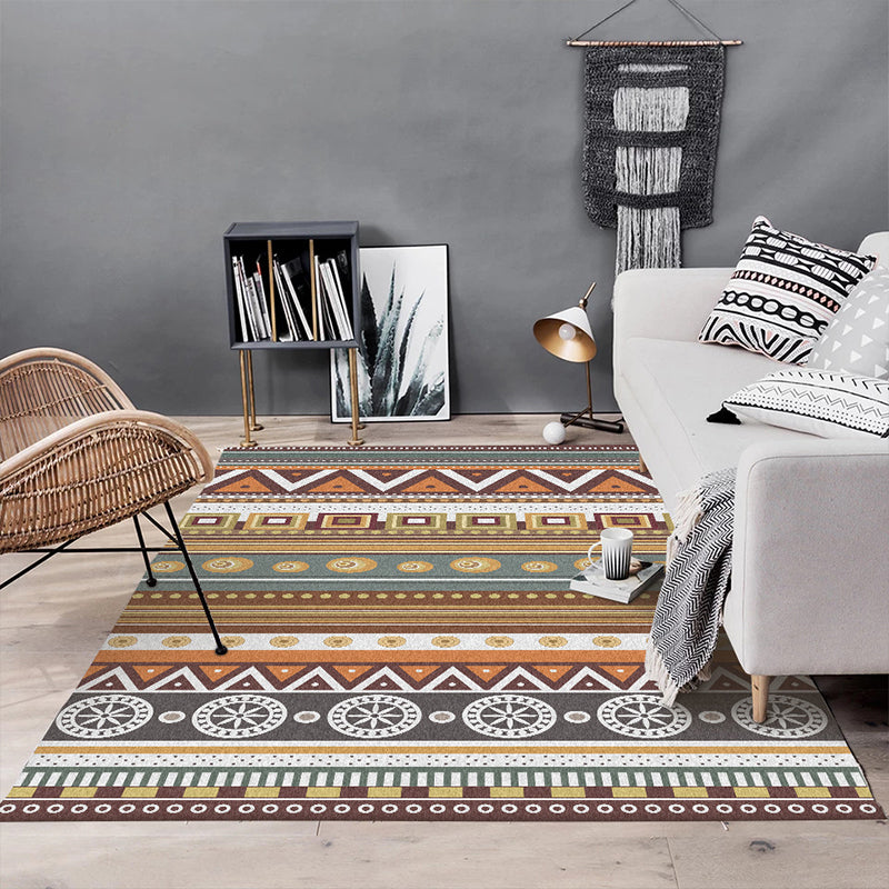 Sikunuo | Brown Tribal Rug Polyester Geometric and Striped Pattern Rug Washable Non-Slip Back Rug for Living Room