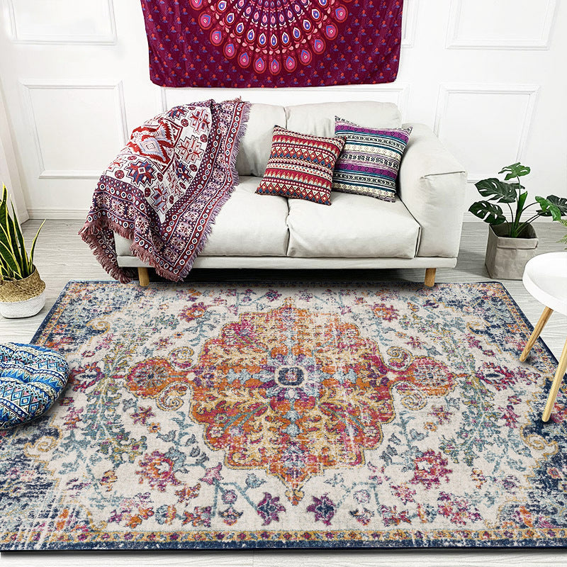 Sikunuo | Orange Moroccan Carpet Polyester Medallion Pattern Carpet Washable Non-Slip Base Carpet for Living Room
