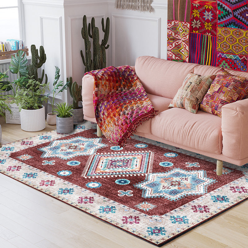 Sikunuo | Washed Medallion Pattern Rug Red Moroccan Rug Polyester Machine Washable Non-Slip Area Rug for Bedroom