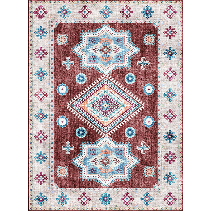 Sikunuo | Washed Medallion Pattern Rug Red Moroccan Rug Polyester Machine Washable Non-Slip Area Rug for Bedroom
