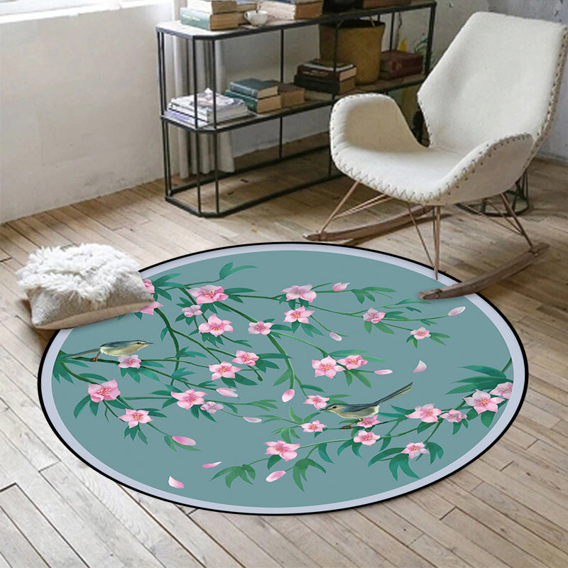 Sikunuo | Retro Floral Pattern rug with bird and leaf Blue Oriental rug Polyester Washable Non-slip backing rug for living room