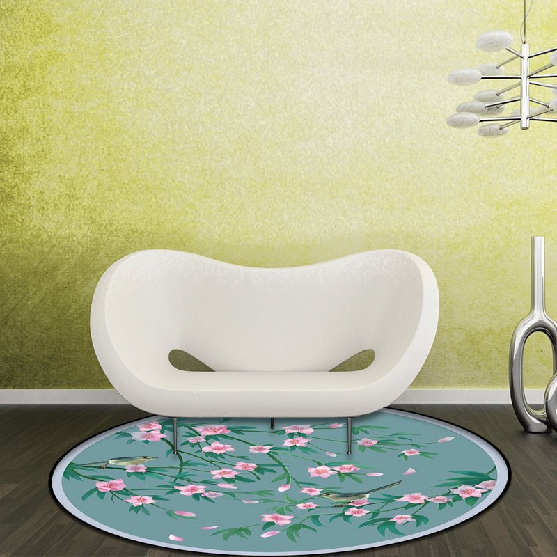 Sikunuo | Retro Floral Pattern rug with bird and leaf Blue Oriental rug Polyester Washable Non-slip backing rug for living room
