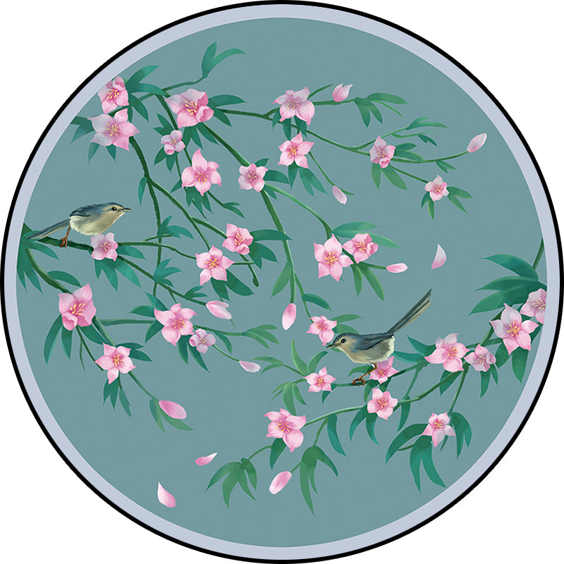 Sikunuo | Retro Floral Pattern rug with bird and leaf Blue Oriental rug Polyester Washable Non-slip backing rug for living room