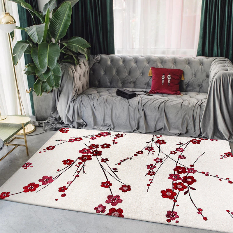 Sikunuo | Vintage Floral Pattern Rug Beige and Red Polyester Rug Machine Washable Non-Slip Rug for the Living Room