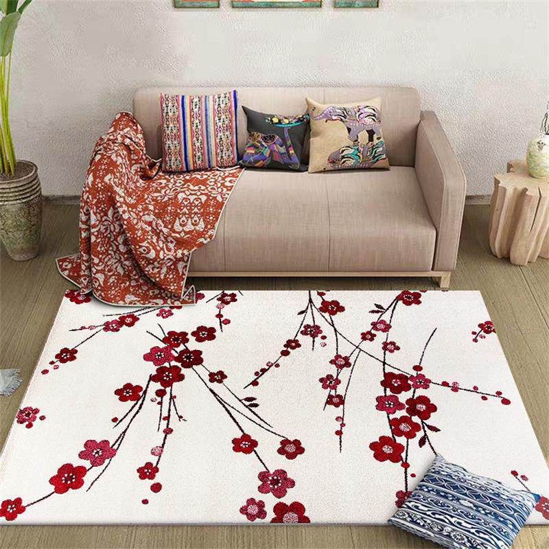 Sikunuo | Vintage Floral Pattern Rug Beige and Red Polyester Rug Machine Washable Non-Slip Rug for the Living Room