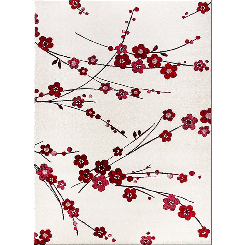 Sikunuo | Vintage Floral Pattern Rug Beige and Red Polyester Rug Machine Washable Non-Slip Rug for the Living Room