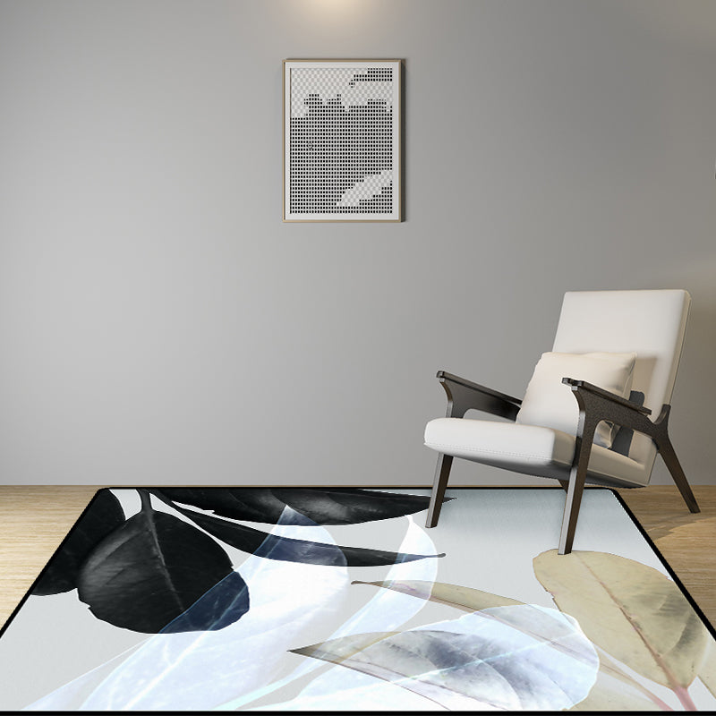 Sikunuo | Black and White Oriental Carpet Polyester Leaf Pattern Carpet Washable Non-Slip Backing Rug for Living Room