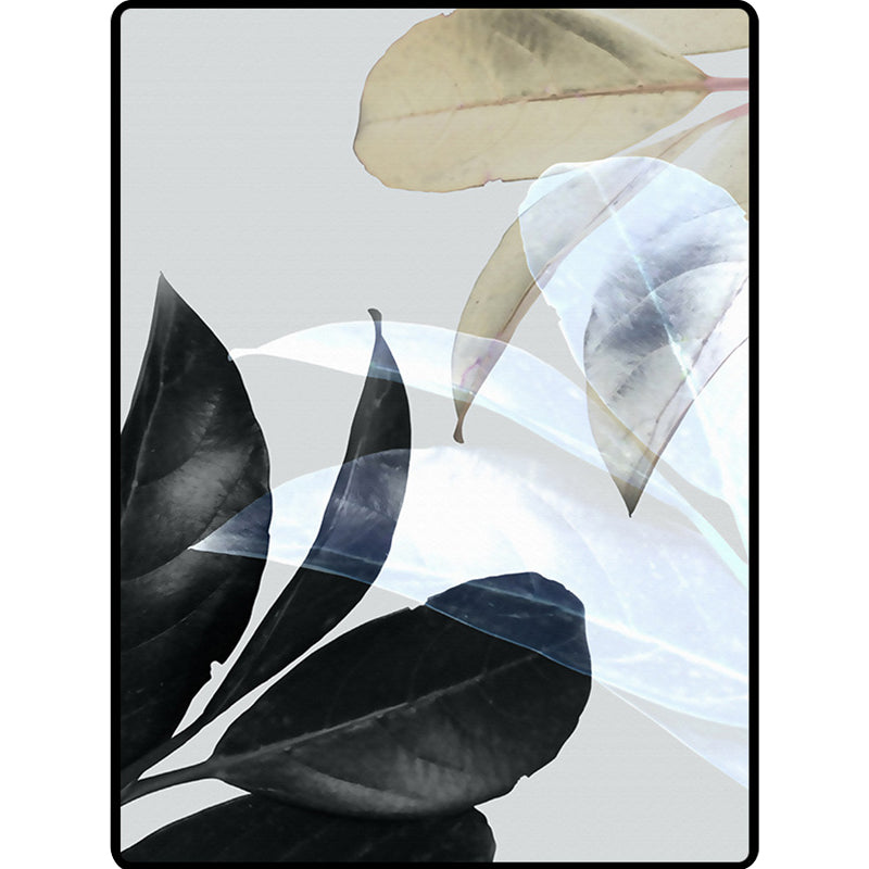 Sikunuo | Black and White Oriental Carpet Polyester Leaf Pattern Carpet Washable Non-Slip Backing Rug for Living Room