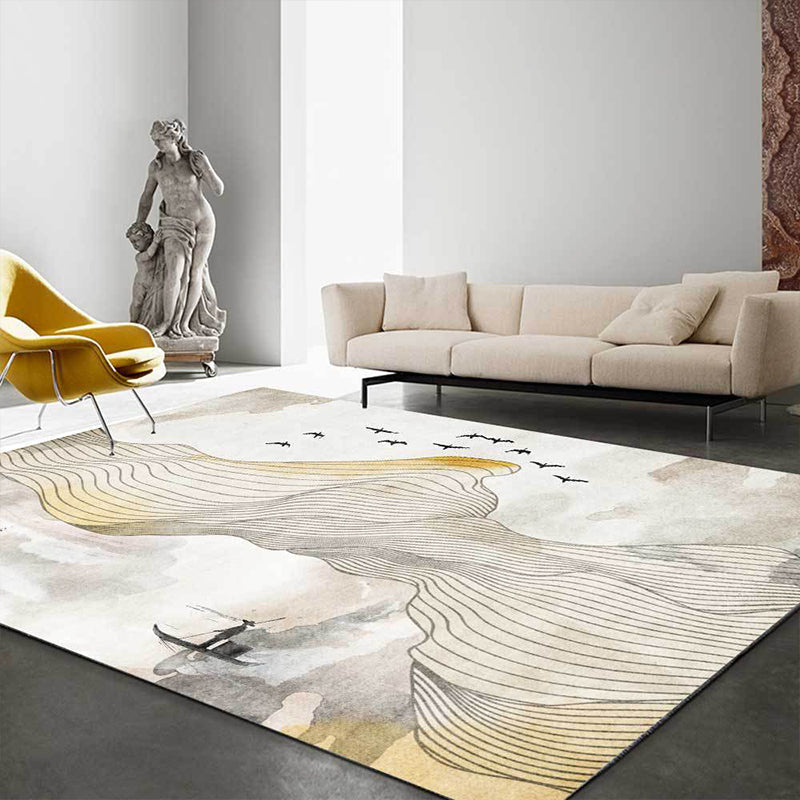 Sikunuo | Vintage Swirl Stripe pattern rug with bird and character yellow polyester rug machine washable non-slip rug for the bedroom