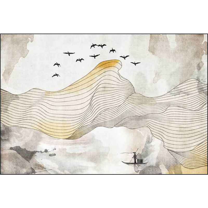 Sikunuo | Vintage Swirl Stripe pattern rug with bird and character yellow polyester rug machine washable non-slip rug for the bedroom