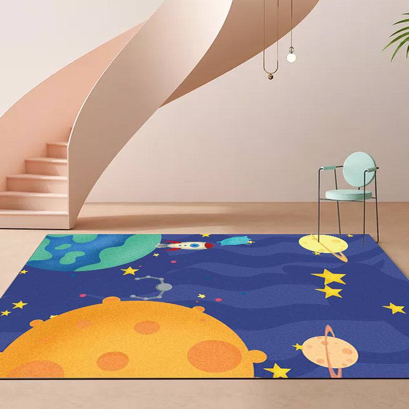 Sikunuo | Purple Children's Room Carpet Kids Space Planet Star Airplane Pattern Area Rug Polyester Non-Slip Back Carpet