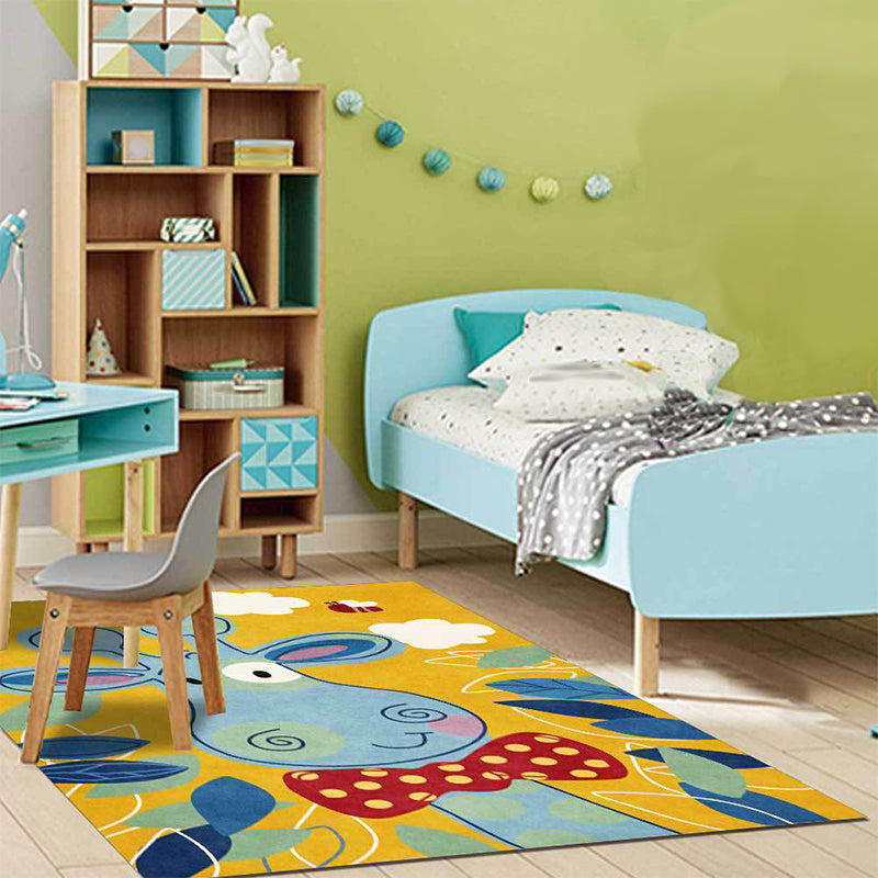 Sikunuo | Children's Bedroom Rug in Blue and Yellow Animal Giraffe Cloud Leaf Print Rug Polyester Washable Rug