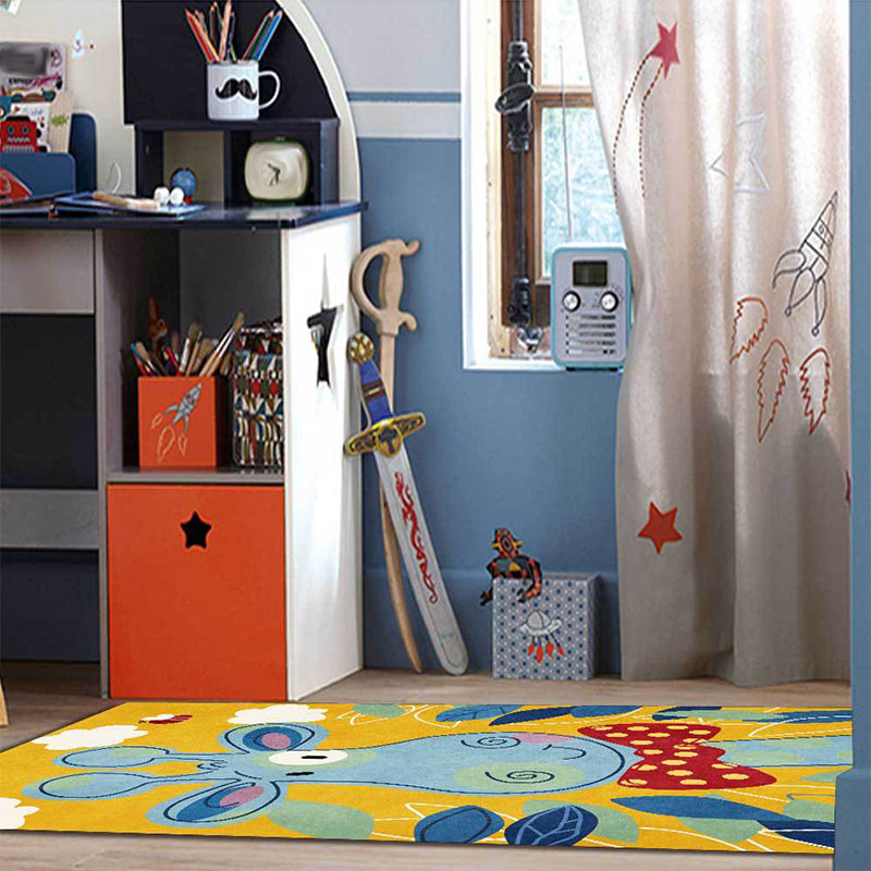 Sikunuo | Children's Bedroom Rug in Blue and Yellow Animal Giraffe Cloud Leaf Print Rug Polyester Washable Rug