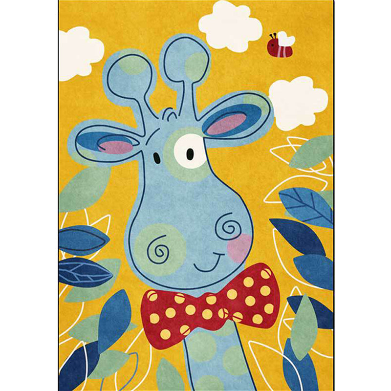 Sikunuo | Children's Bedroom Rug in Blue and Yellow Animal Giraffe Cloud Leaf Print Rug Polyester Washable Rug