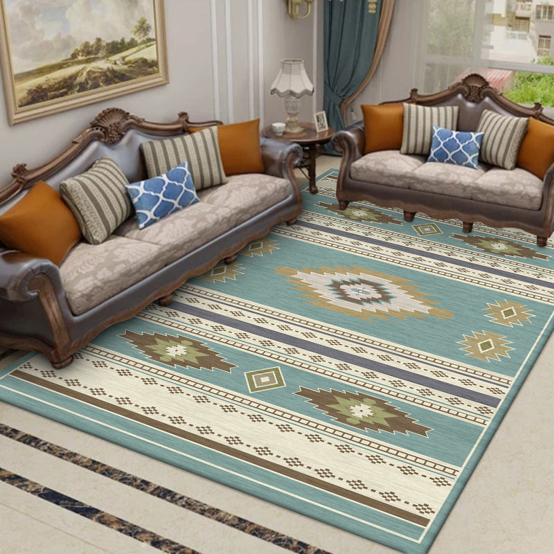 Sikunuo | Unique geometric pattern rug Blue and Green Vintage rug Polyester Washable Non-slip backing Rug for bedroom