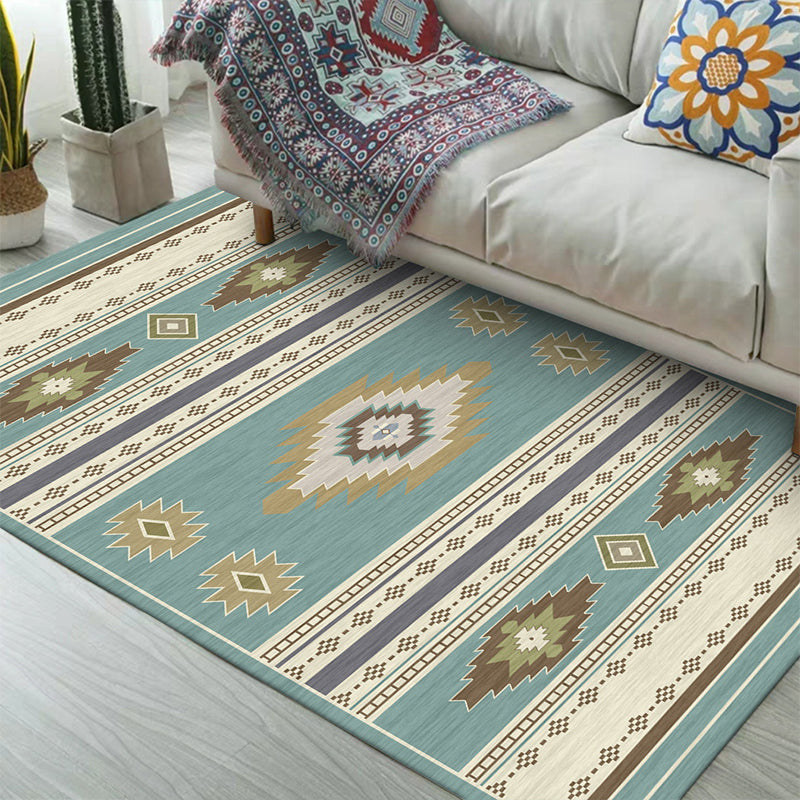 Sikunuo | Unique geometric pattern rug Blue and Green Vintage rug Polyester Washable Non-slip backing Rug for bedroom