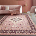Sikunuo | Pink Mediterranean Carpet Polyester Medallion and Floral Pattern Carpet Washable Non-Slip Back Carpet for Living Room