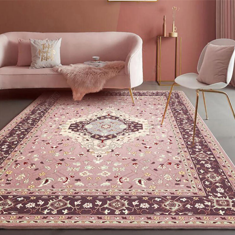 Sikunuo | Pink Mediterranean Carpet Polyester Medallion and Floral Pattern Carpet Washable Non-Slip Back Carpet for Living Room