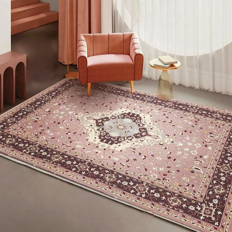 Sikunuo | Pink Mediterranean Carpet Polyester Medallion and Floral Pattern Carpet Washable Non-Slip Back Carpet for Living Room