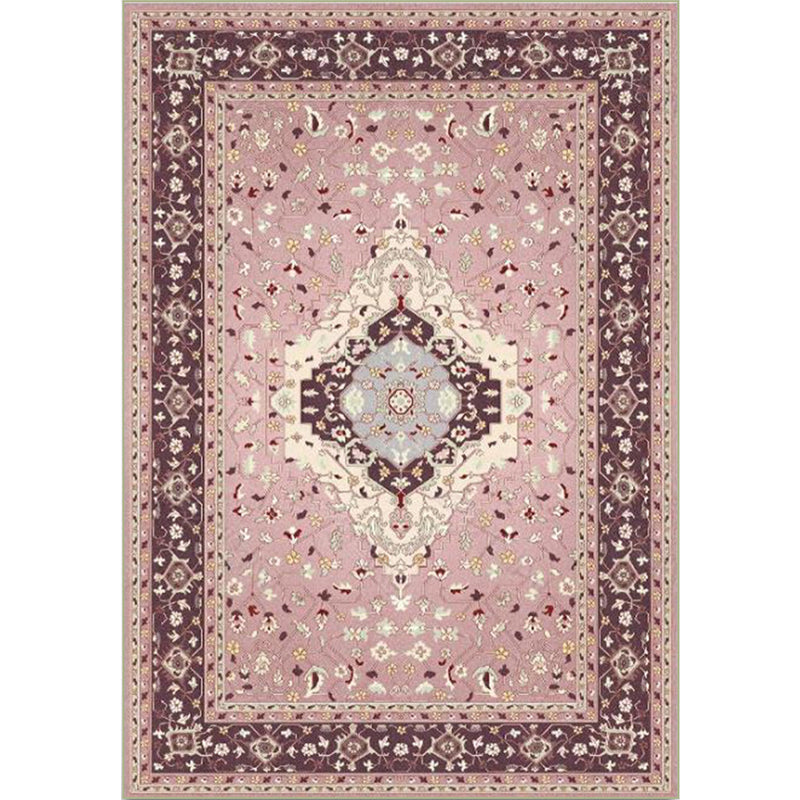 Sikunuo | Pink Mediterranean Carpet Polyester Medallion and Floral Pattern Carpet Washable Non-Slip Back Carpet for Living Room