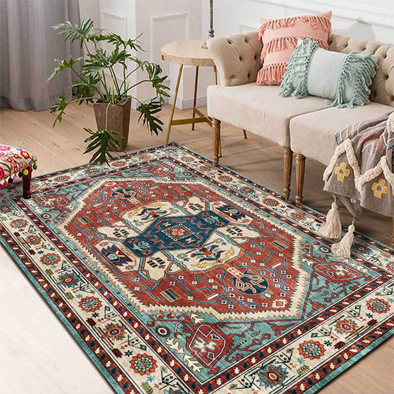 Sikunuo | Vintage Medallion Pattern Rug Red and Green Polyester Rug Machine Washable Non-Slip Area Rug for the Living Room