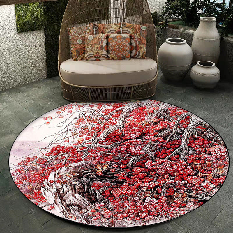 Sikunuo | Red Oriental Carpet Polyester Flower and Branch Pattern Washable Non-Slip Back Carpet for Bedroom