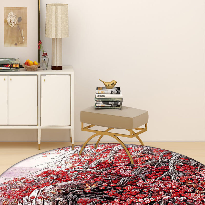 Sikunuo | Red Oriental Carpet Polyester Flower and Branch Pattern Washable Non-Slip Back Carpet for Bedroom