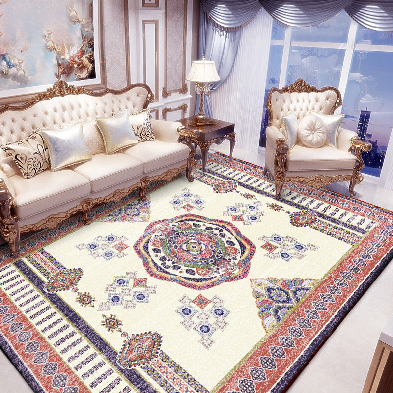 Sikunuo | Beige and Red Vintage Carpet Polyester Medallion Pattern Carpet Washable Non-Slip Underlay Carpet for Living Room