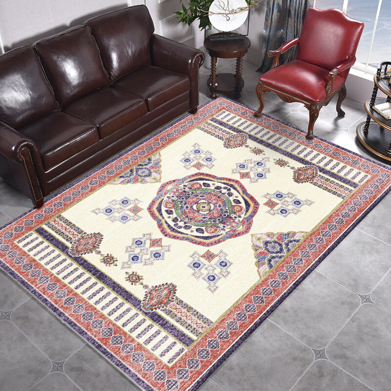 Sikunuo | Beige and Red Vintage Carpet Polyester Medallion Pattern Carpet Washable Non-Slip Underlay Carpet for Living Room