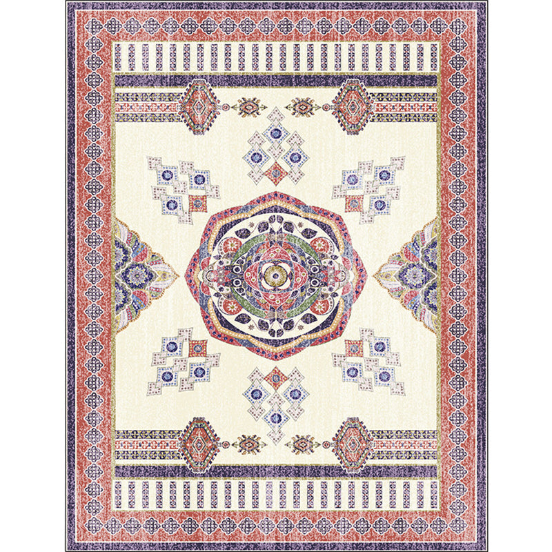 Sikunuo | Beige and Red Vintage Carpet Polyester Medallion Pattern Carpet Washable Non-Slip Underlay Carpet for Living Room