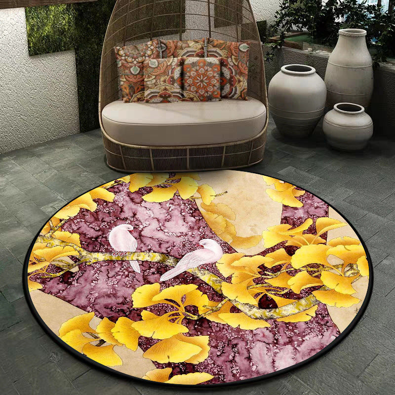 Sikunuo | Retro Apricot Leaf Pattern Rug with Bird Yellow and Pink Traditional Rug Polyester Washable Non-Slip Back Rug for the Bedroom
