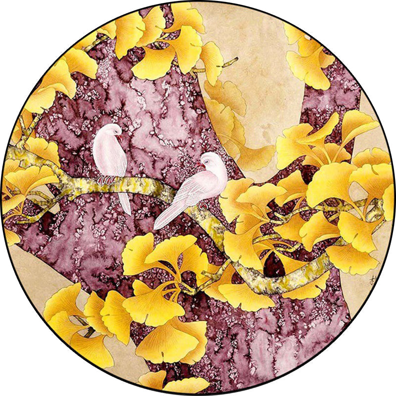 Sikunuo | Retro Apricot Leaf Pattern Rug with Bird Yellow and Pink Traditional Rug Polyester Washable Non-Slip Back Rug for the Bedroom