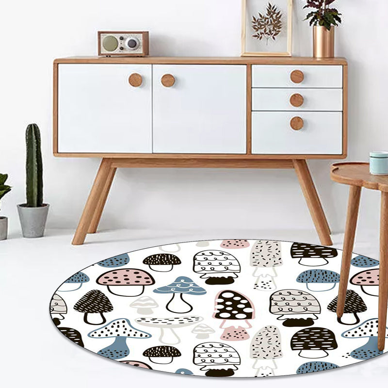 Sikunuo | Children's Bedroom Rug in White Botanical Mushroom Print Rug Polyester Non-Slip Back Washable Rug