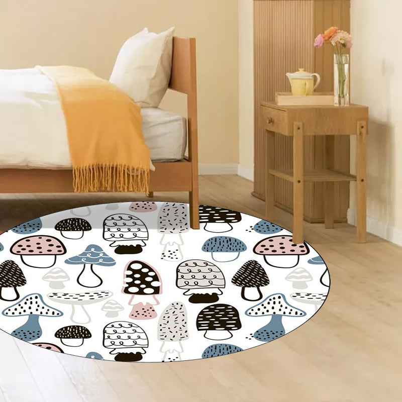 Sikunuo | Children's Bedroom Rug in White Botanical Mushroom Print Rug Polyester Non-Slip Back Washable Rug