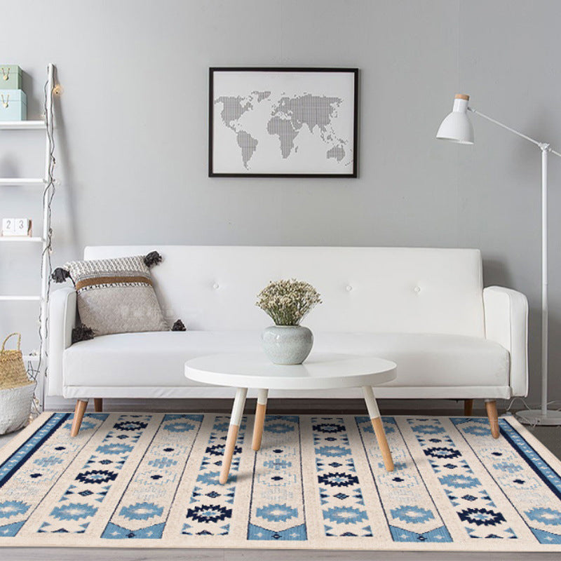 Sikunuo | Blue and brown tribal rug striped polyester and tribal pattern rug washable non-slip backing rug for living room